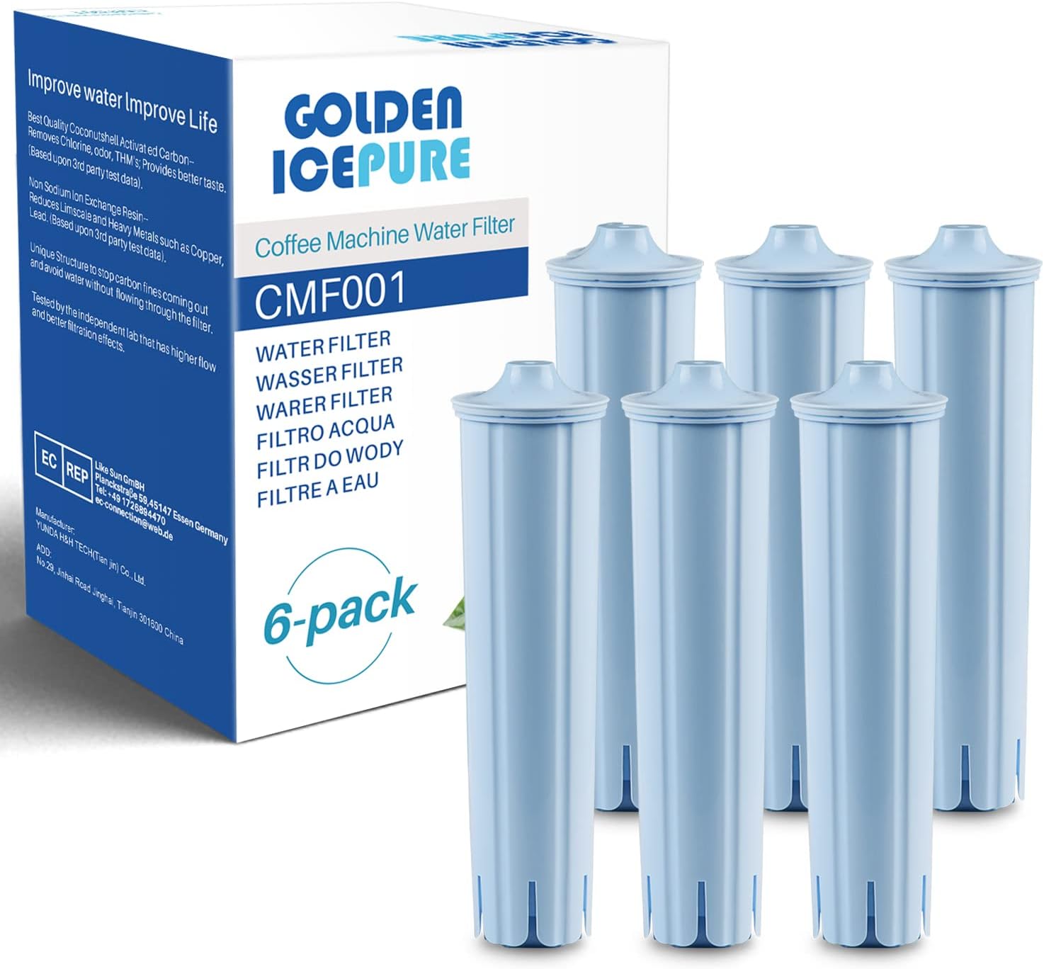 GOLDEN ICEPURE NSF Certified Fully Automatic Coffee Machine Water Filter Replacement for Jura® Blue Filter Cartridge Compatible with ENA®, Pack of 6 (Not for E6, E8)