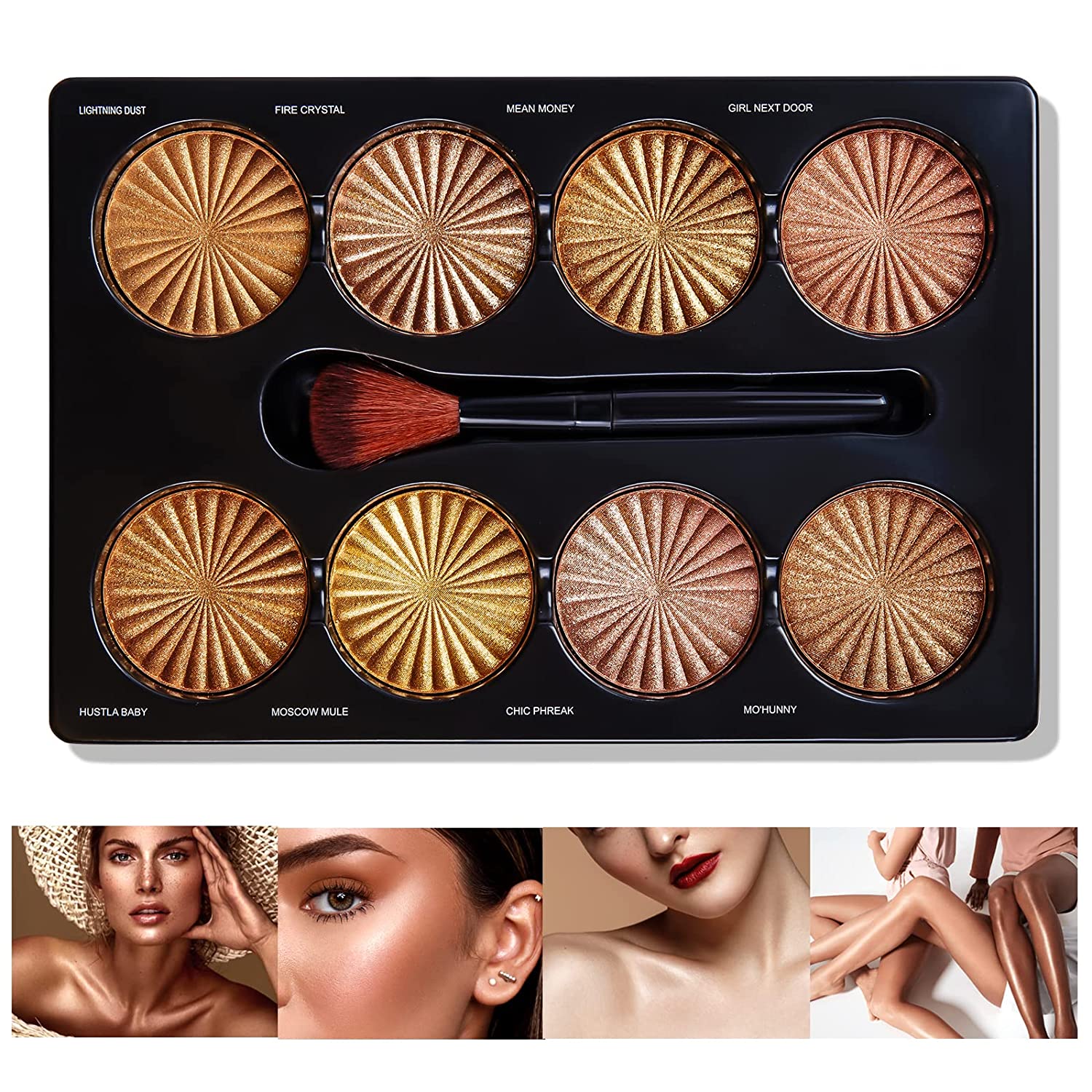 Beteligir 8 Colour Highlighter Makeup Palette with Powder Brush, Shimmer Bronzers Contour Shadow Illuminating Highlight Makeup Powder, Blush and Bronzer Palette Cheek Cosmetic Kit (01), ‎01