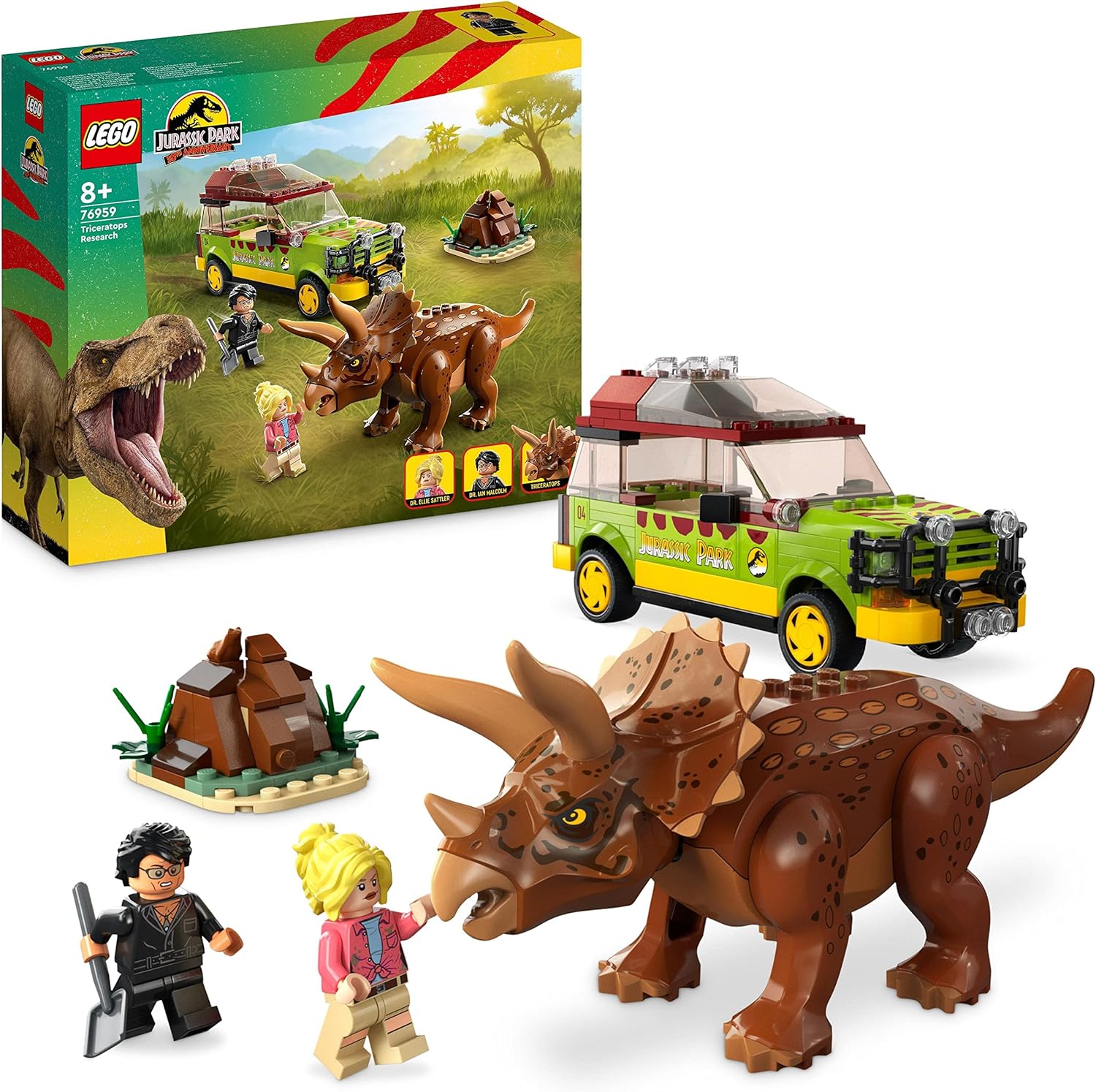 LEGO Jurassic Park Triceratops Research, dinosaurs toys with a figure and car to collect for the 30th anniversary 76959