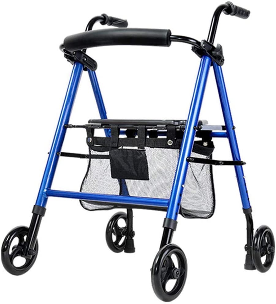 FACAIA Practical aluminium walker, folding and removable back support, padded seat, 15 cm wheels, handle and seat height can be adjusted to blue