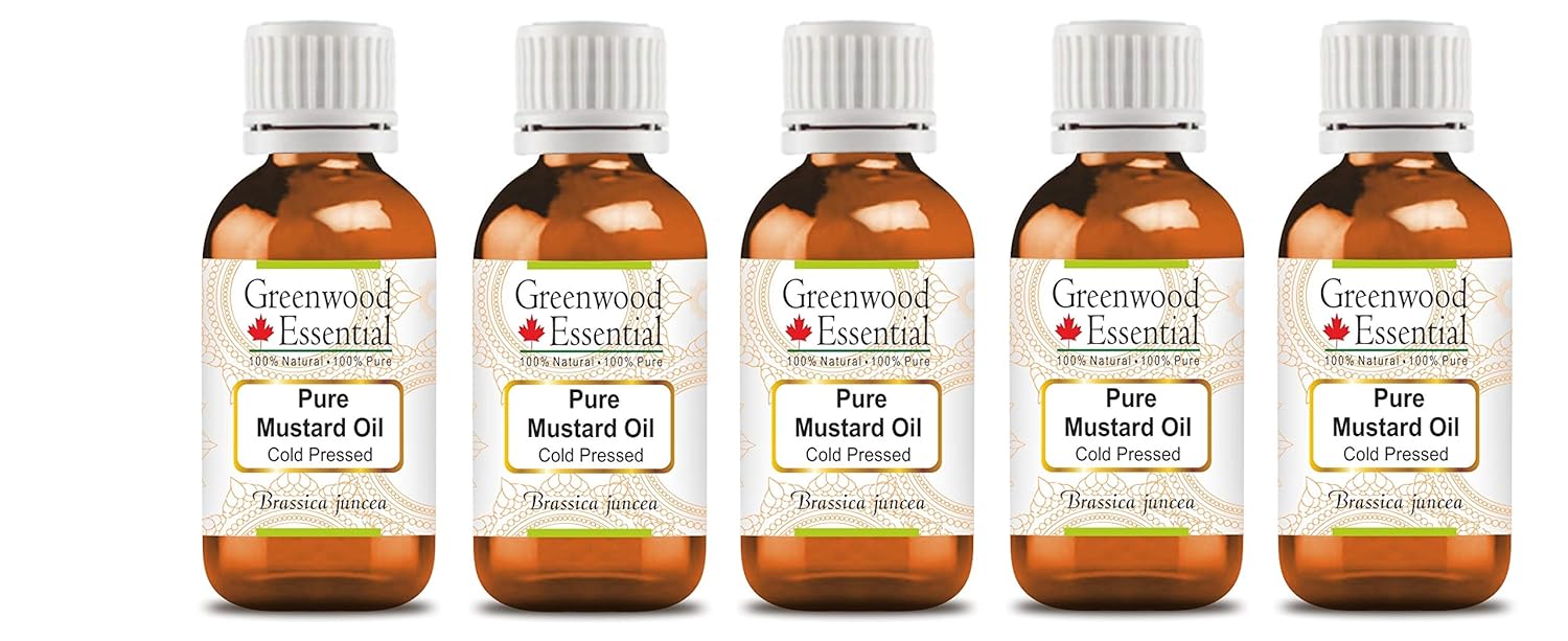 Greenwood Essential Pure Mustard Oil (Brassica Juncea) Natural Therapeutic Quality Cold Pressed (Pack of Five) 100 ml x 5 (16.9 oz)