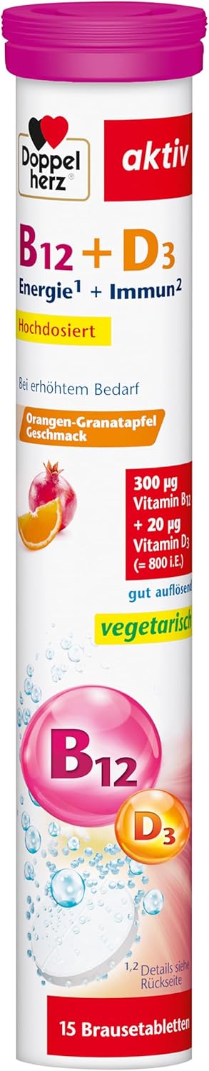 Doppelherz Vitamin B12 + D3 - High Dose with 300 μg Vitamin B12 and 800 IU Vitamin D3 for Normal Function of the Immune System - 15 Effervescent Tablets