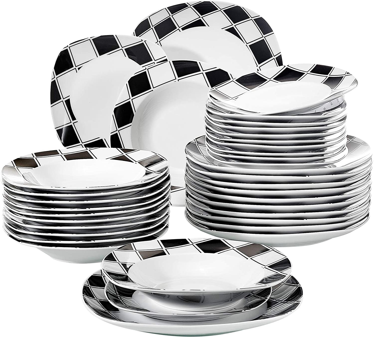 VEWEET Nicole Dinner Service 36 Pieces Porcelain Plate Set for 12 People with 12 Dessert Plates, Deep Plates and Flat Plates
