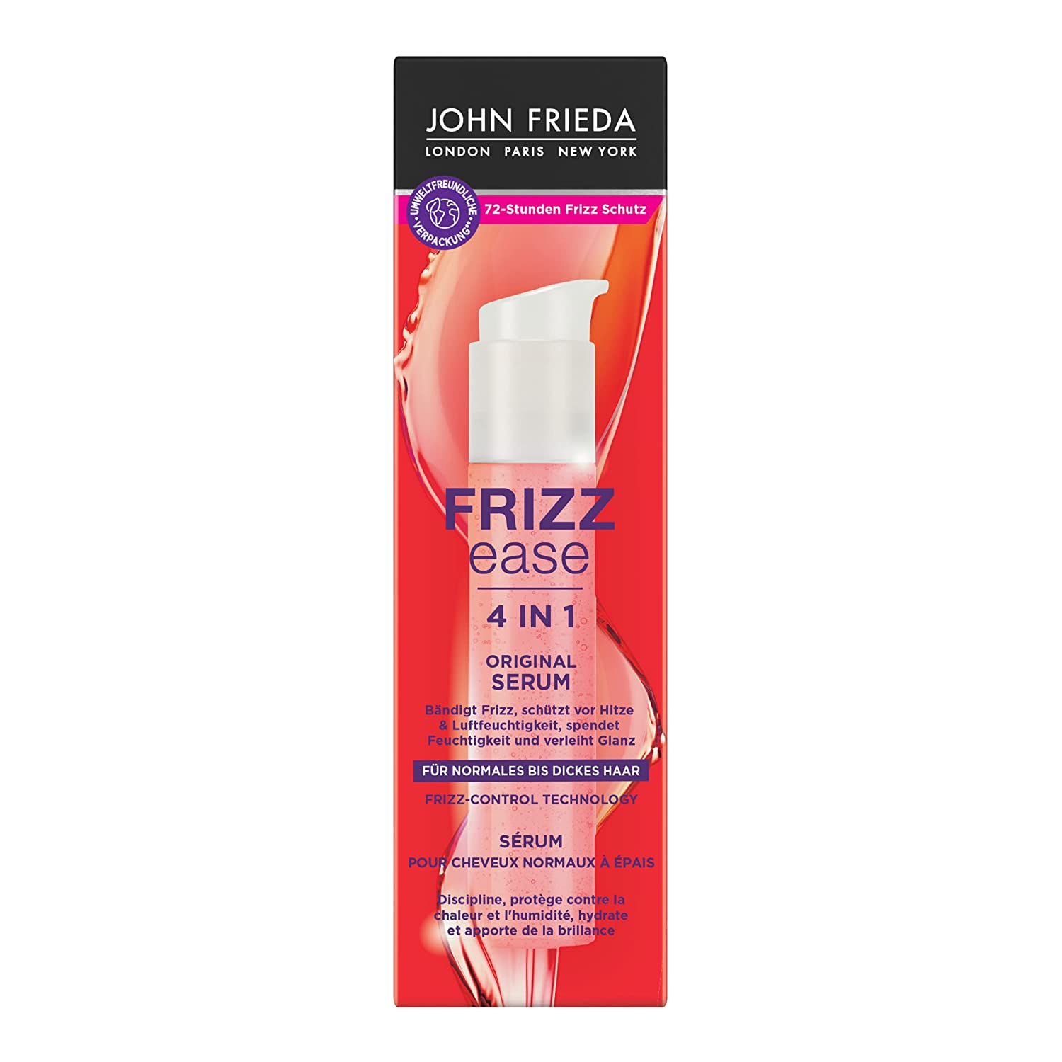 John Frieda 4-in-1 Original Serum - Contents: 50 ml - Hair type: normal to thick - from the Frizz Ease Series - Tames frizz - Protects against heat and humidity, ‎red