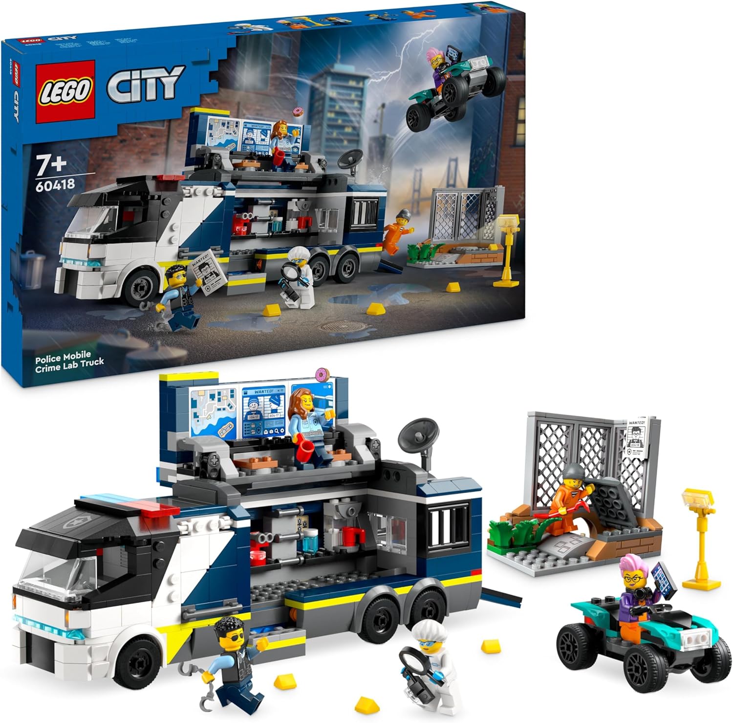 LEGO City Police Print with Laboratory, Police Set with Quad and Truck Toy for Children, Gift for Boys and Girls from 7 Years, Plus 5 Mini Figures - 2 Police Officers, 1 Scientist and 2 Crooks 60418