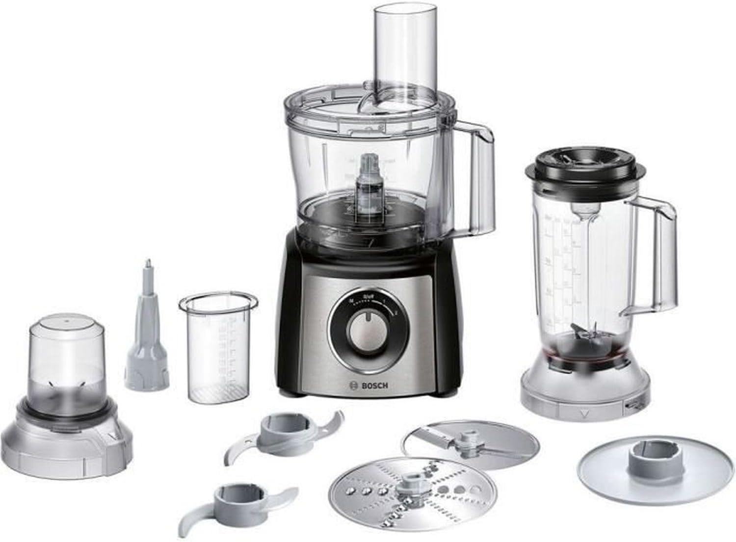 Bosch MultiTalent 3 MCM3501M Compact Food Processor, 50 Functions, Mixing Bowl 2.3 L, Mixer 1.0 L, Utility Knife, Cutting and Rasping (Fine, Coarse), Chopper, Impact Disc, 800 W, Black.
