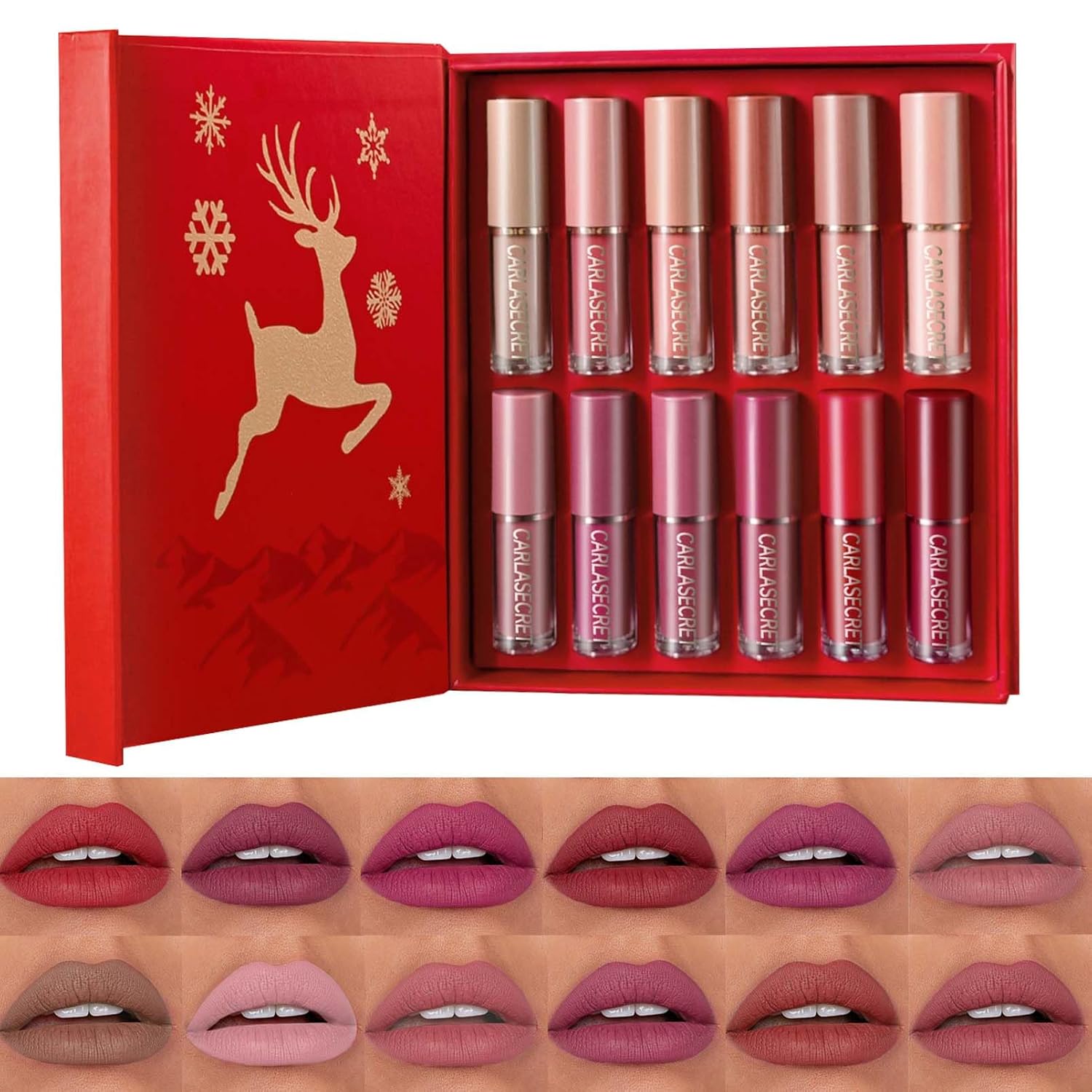 Christmas Edition Matte Lipstick Set, 12 Colours Lipstick Set, Liquid Lip Gloss Make Up Set, Lipstick 24 Hours Hold, Waterproof, Christmas Makeup Gift Set for Girls