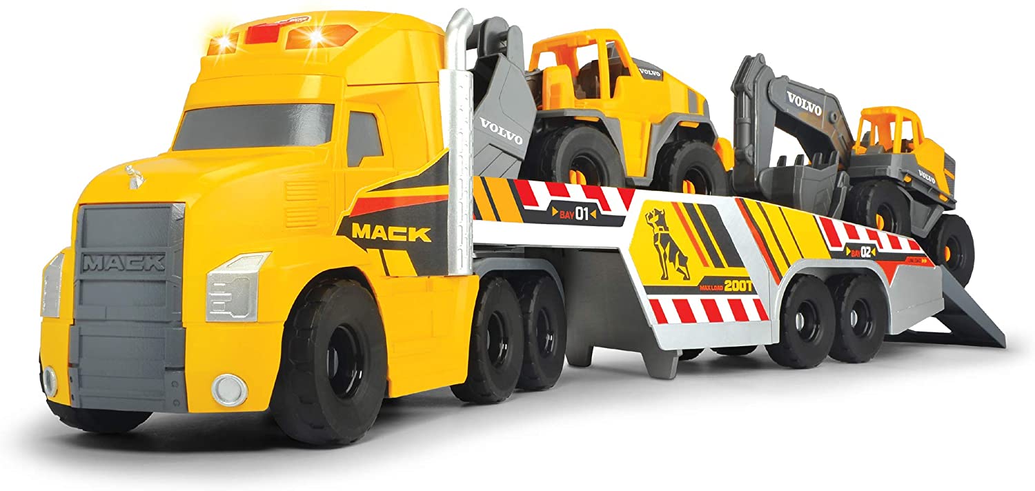 Dickie Toys 203729012 Heavy Mack Truck With 2 Volvo Vehicles, Digger And Wh