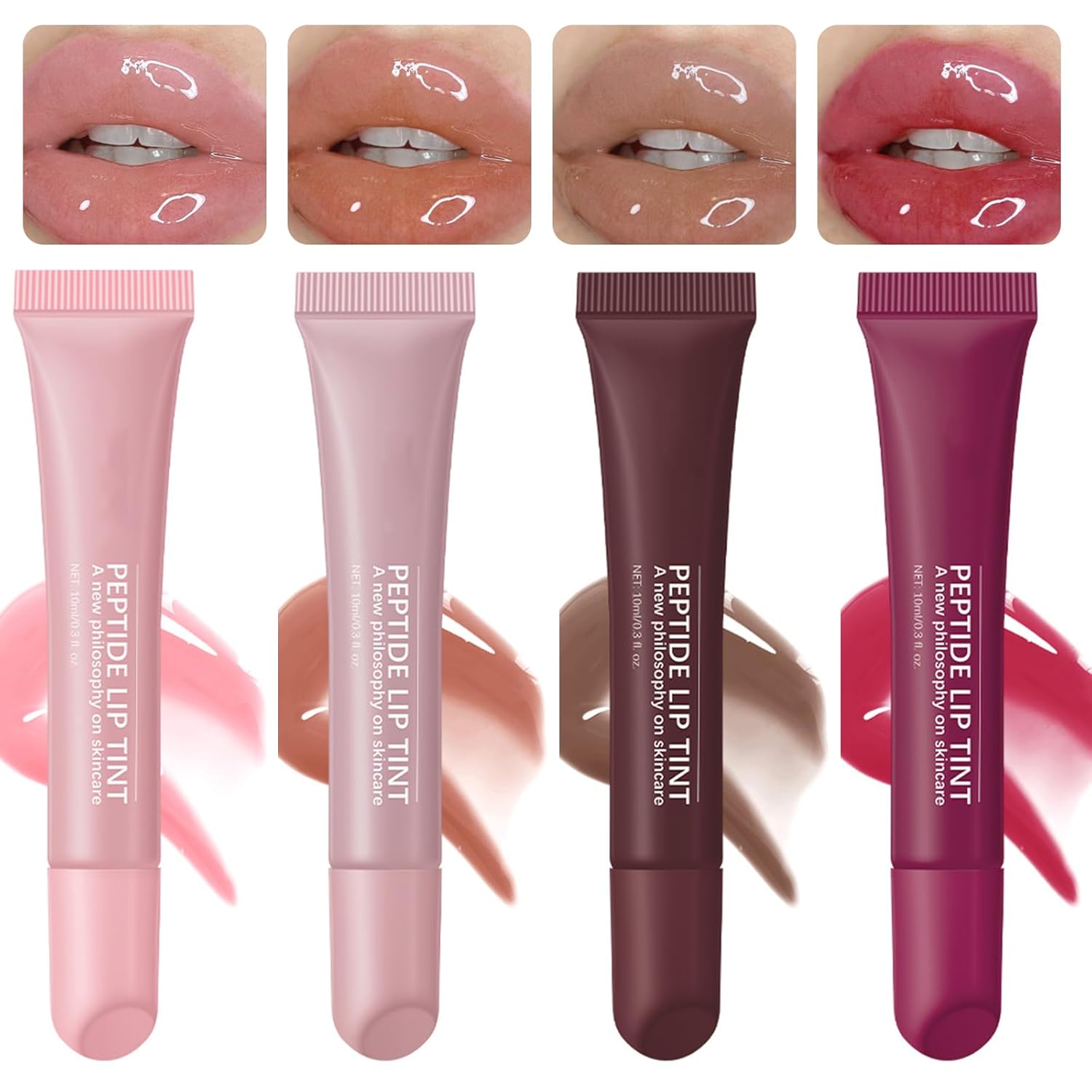 Rhode Peptide Lip Tint x 4, Rhode Lip with Peptides, Moisturising and Hydrating, Lip Balm, Rhode Lip, Rhode Beauty, Long Lasting Glossy Lip Gloss (Pure Pink, Rose Grey, Rich Brown, Raspberry)