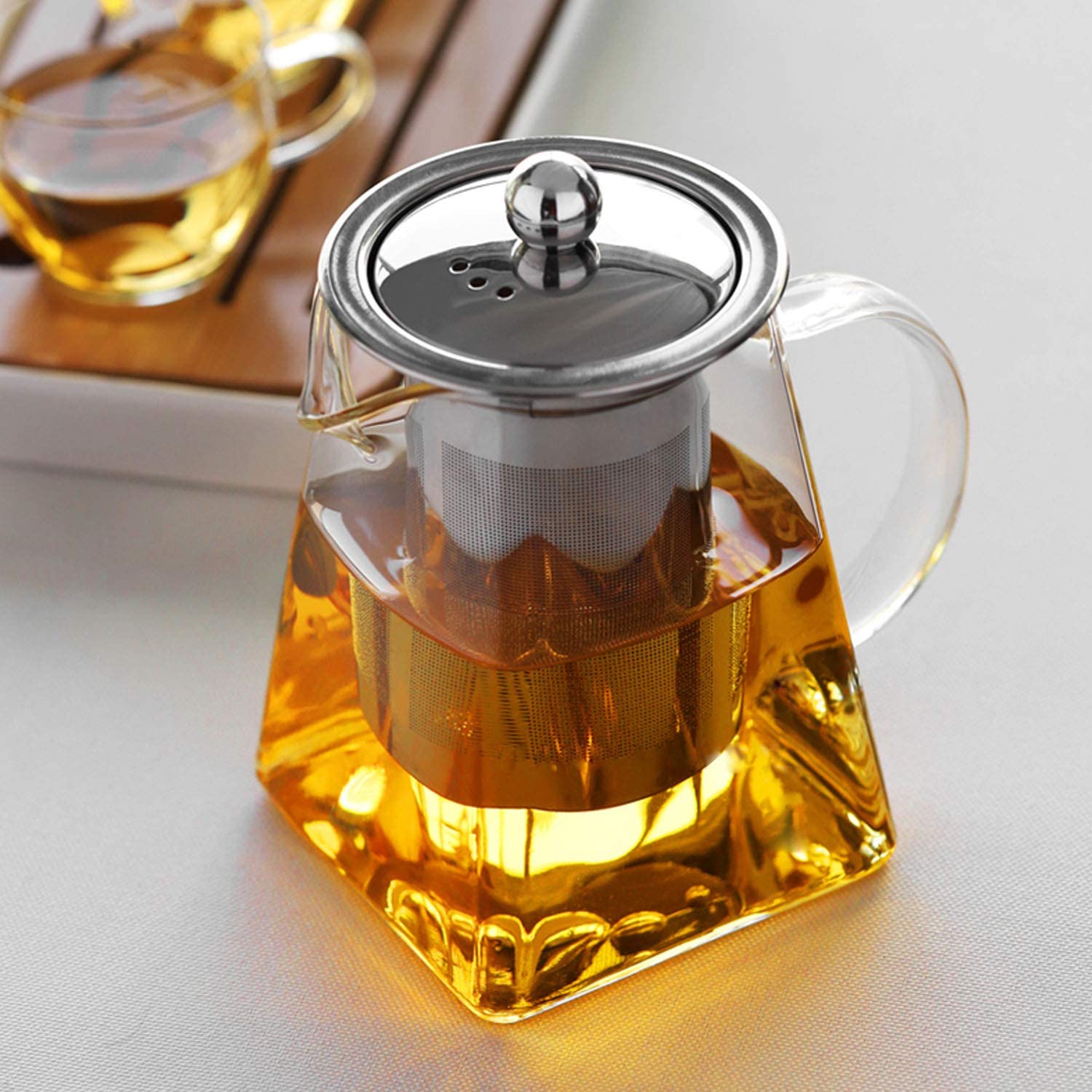 Wisolt Glass Teapots with Removable Infuser, Tall Borosilicate Glass Teapot for Loose Leaves, Square Shape, Stainless Steel Sieve & Stainless Steel Lid, transparent, 350ml