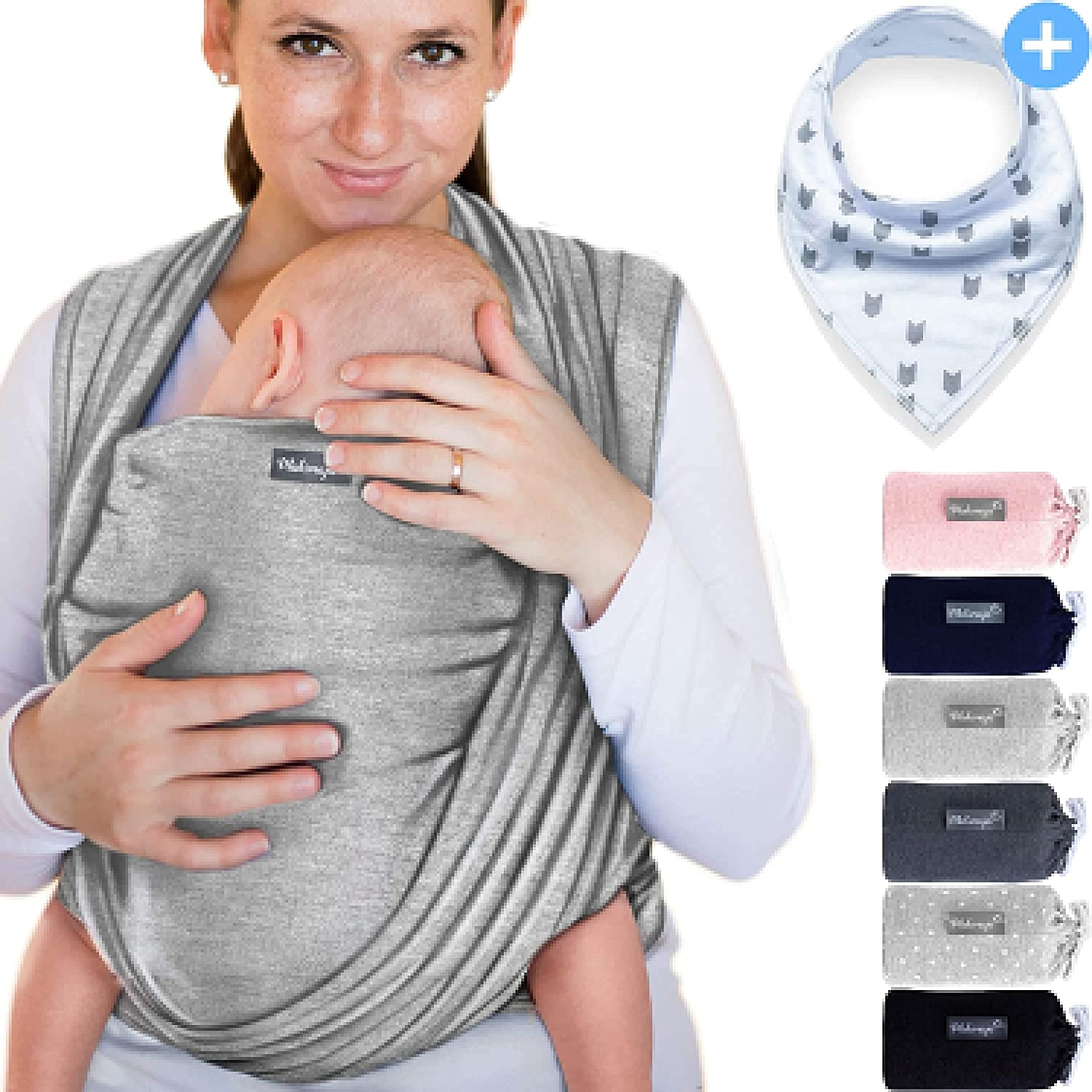Makimaja 100% Cotton Baby Sling, Dark Grey, High Quality For Newborns and Babies up to 15 kg, Including Free Baby Bib