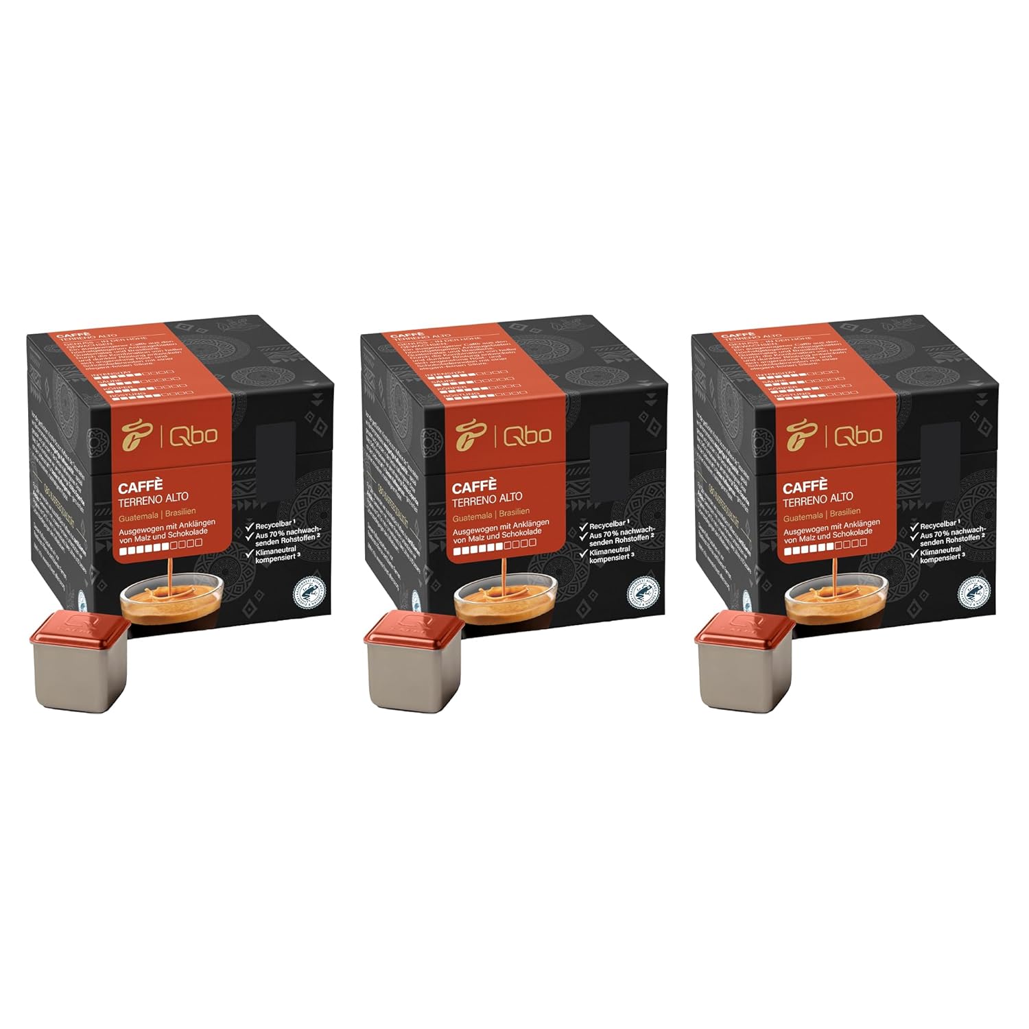 Tchibo Qbo Caffè Terreno Alto Premium Coffee Capsules, Pack of 81 - 3 x 27 Capsules (Caffè, Intensity 6/10, Balanced and Malty), Sustainable, Made from 70% Renewable Raw Materials and Climate Neutral