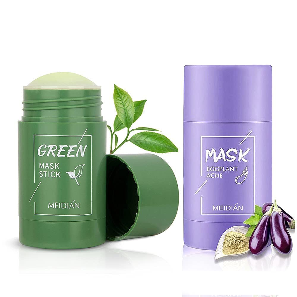 Qagazine 2 x Green Tea Purifying Clay Stick Mask, Aubergine Acne Cleansing Solid Mask, Deep Cleansing Anti-Acne Mask, Fine Solid Mask Green Tea, Deep Clean Pore, Moisturising Nourishing Skin, Acne Clearing
