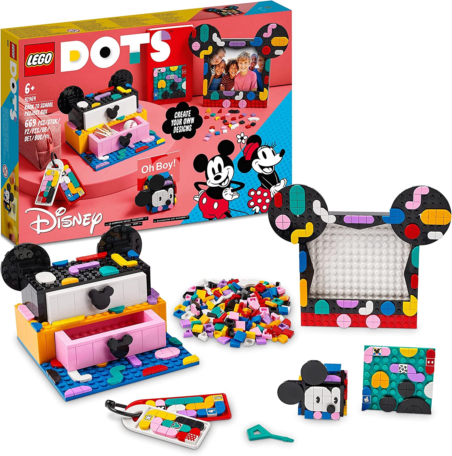 LEGO 41964 DOTS Mickey & Minnie Creative Box for Back to School, 6-in-1 Craft Set with Bag Tags, Stickers and Office Set, Gift Idea for Children