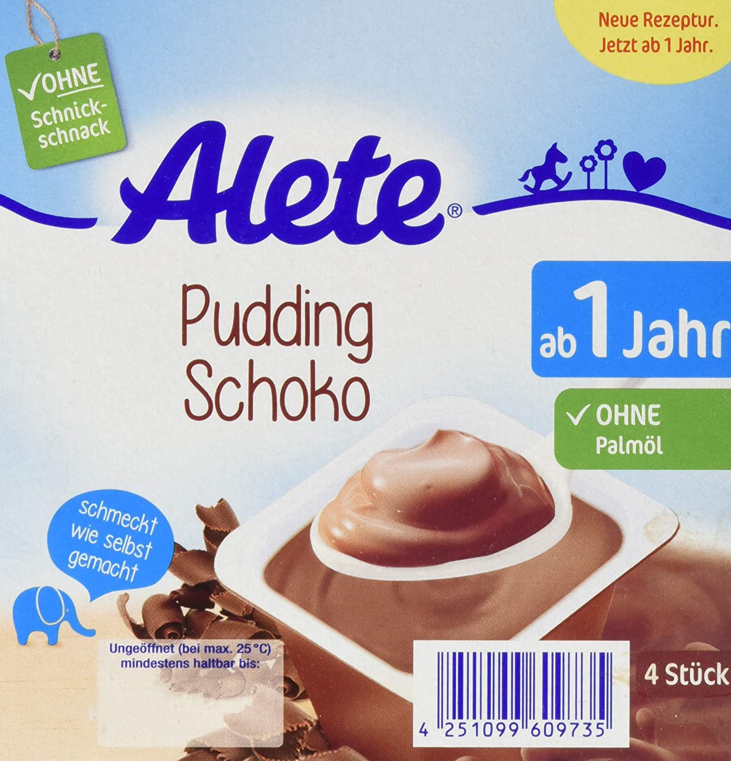 Alete bewusst Pudding Schoko, ab 1 Jahr, schokoladiges Dessert wie selbst gekocht, süßer Snack mit Schokoladenpulver für Babys, ideal für zu Hause & unterwegs, 400 g (4 x 100 g)
