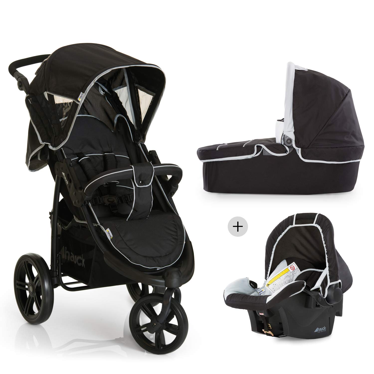 Hauck Viper SLX Trio set, from birth to 15 Kg travel system including car seat, baby seat and rain cover, 3 wheels, black