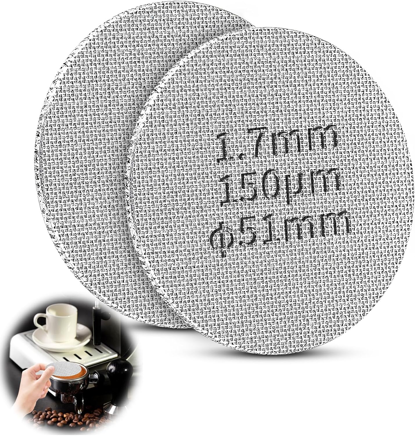 TXXATX Pack of 2 Puck Screen 51 mm Espresso Strainer for Portafilter Stainless Steel 316 Portafilter Sieve 150 μm Reusable 1.7 mm Thickness with 2 Cleaning Brushes for Coffee Machine