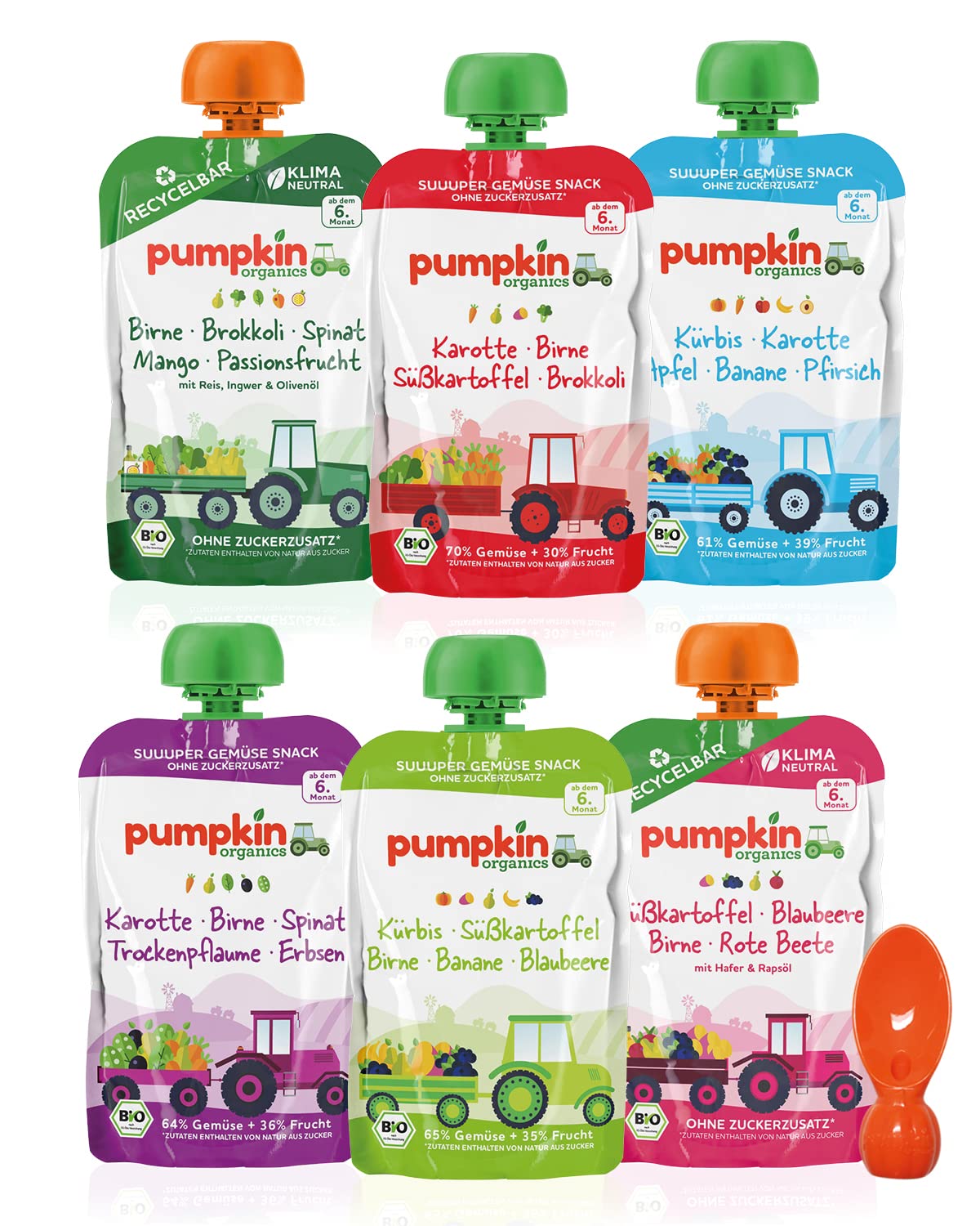 Erste Liebe Bio Gemüse-Quetschie Mix für Kinder ab dem 6. Monat - Gemüsepüree und Fruchtmus ohne Zuckerzusatz, 24er Pack (24x100g) +1 Löffelaufsatz