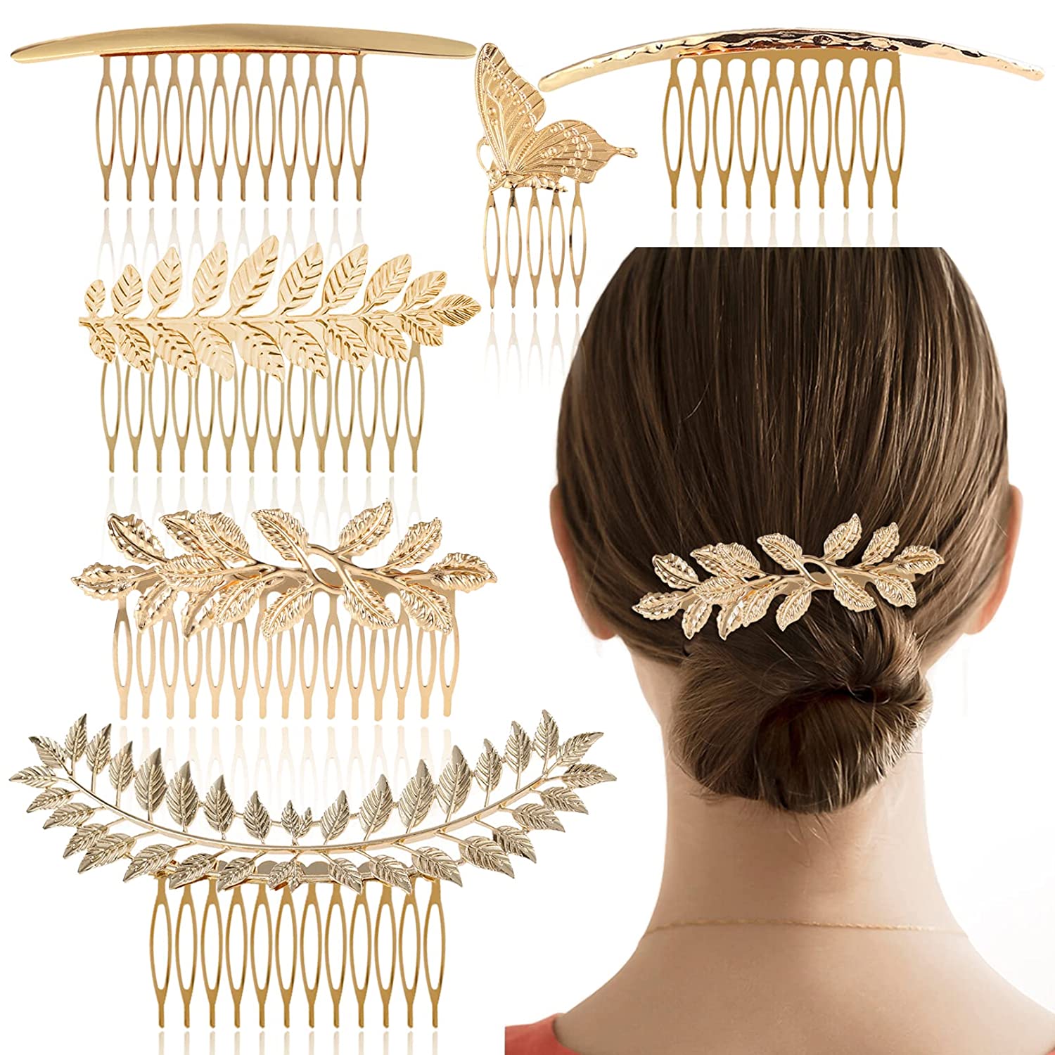 INLAZYTIM Pack of 6 Vintage Hair Side Combs Metal for Women Girls Bridal Leaf Decorative Clips Golden French Twist Hair Comb with Teeth Handle for Bride Wedding Headpiece Hair Accessories