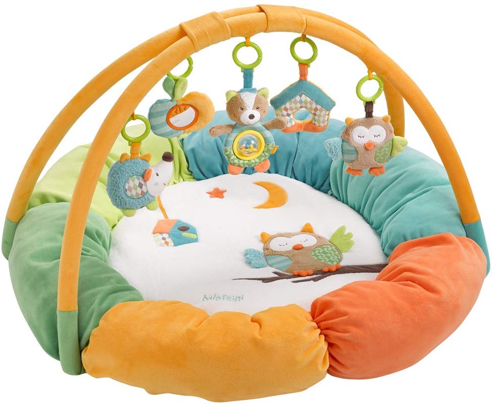 Fehn 071184 3-D-Activity-Nest Owl, Particularly Soft Play Arch with 5 Removable Play Toys for Babies, Play and Fun from Birth, Dimensions: Diameter 85 cm Sleeping Forest Sleeping Forest