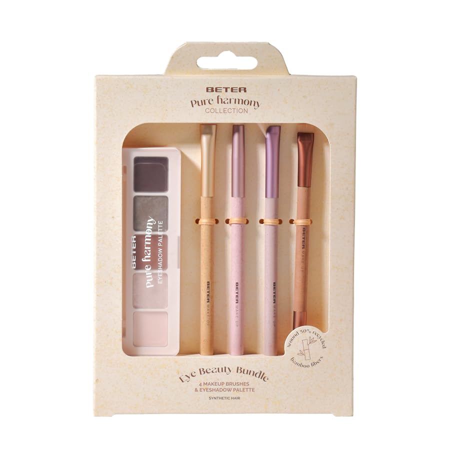 Beter - 4 Shades Eye Makeup Brush and Eyeshadow Palette Set + Highlighter Pure Harmony 4 Pieces Eye and Eyebrow Brushes Synthetic Hair Bamboo Fiber Gift
