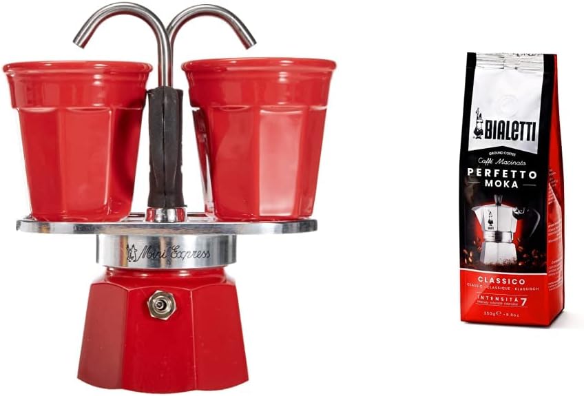 Bialetti - Mini Express Kandisky: Moka Set Includes Coffee Machine for 2 Cups (90 ml) + 2 Espresso Cups, Red, Aluminum & Perfetto Moka Classico: Ground Coffee With Medium Roast, 250 G