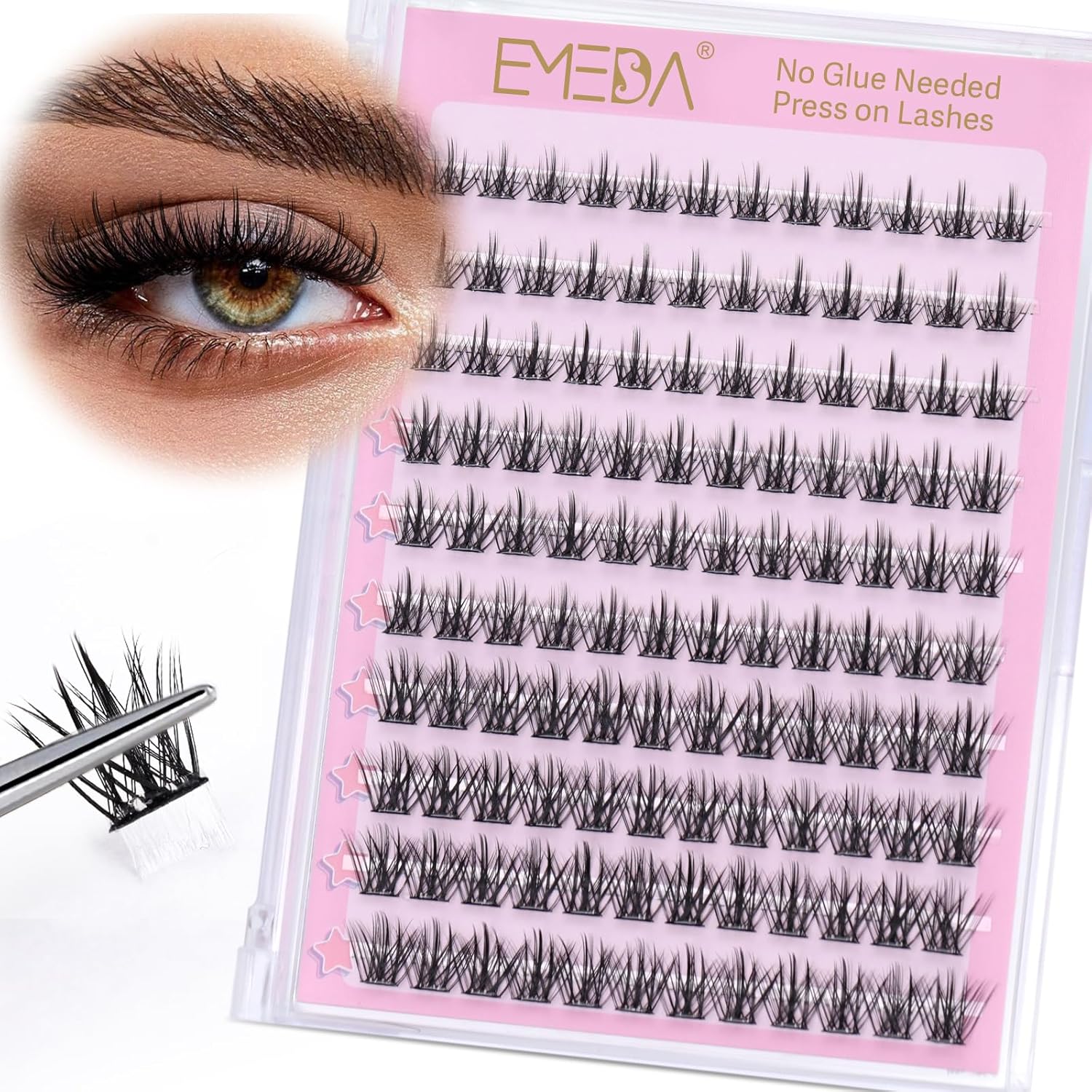 EMEDA Self-Adhesive Eyelashes, Glueless Eyelash Clusters Kit, 120 Pieces Press On Eyelashes, Pre-Luded Eyelashes with Tweezers Set, Self-Adhesive Manga Anime Eyelashes (K04)