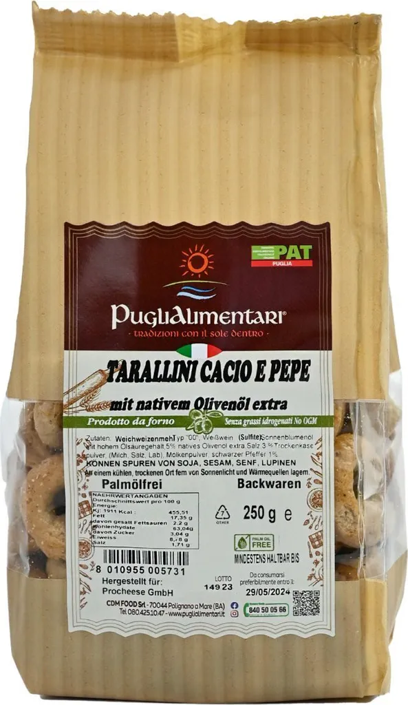 Tarallini Tradizionali Cacio e Pepe, Taralli with cheese and pepper, Puglialimentari, 250 g