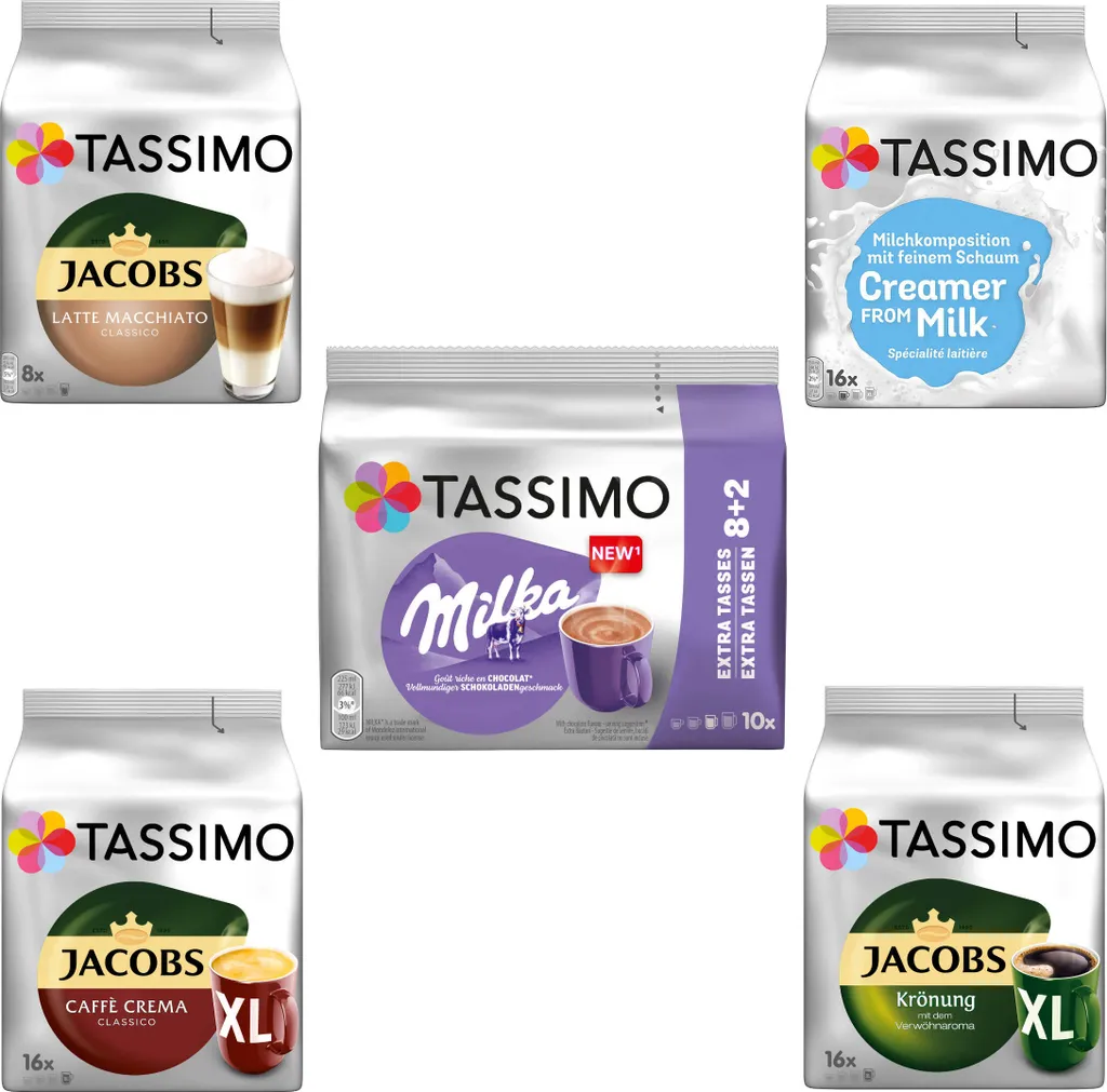 TASSIMO Creamy Coffee Package Jacobs Krönung Crema Milka 5 Packs 66 Servings