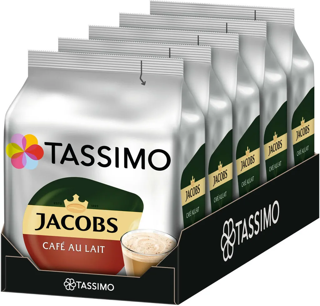 Tassimo Jacobs Café au Lait 5-pack, coffee, coffee capsule, milk coffee made from ground roasted coffee, 80 T-Discs / servings