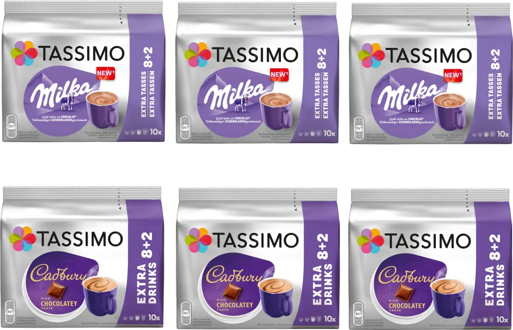 TASSIMO Capsules Hot Chocolate Pack 3x Milka + 3x Cadbury - 60 Cocoa Drinks