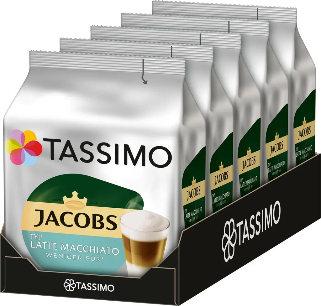 TASSIMO Capsules Type Latte Macchiato Less Sweet Coffee Capsules 5 x 8 Drinks