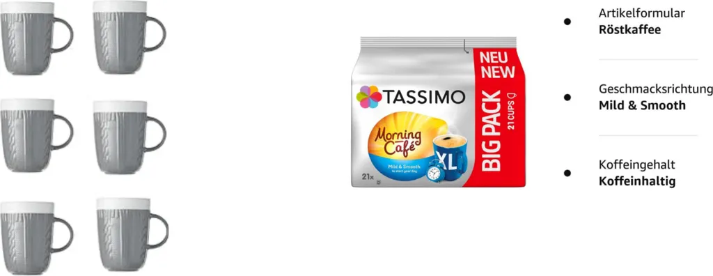 Tassimo MILD & SMOOTH TASSIMO Morning Café XL - Mild & Smooth. Start your day with a mild and smooth treat. 21 coffee capsules plus 6 cups