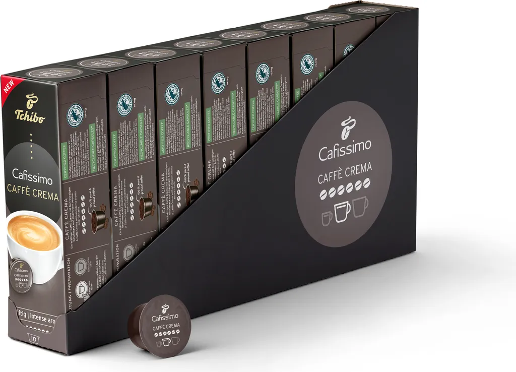 Tchibo Cafissimo storage box Caffè Crema strong coffee capsules, 80 pieces – 8 x 10 capsules (coffee, intense with strong roasted aromas), sustainable & fairly traded