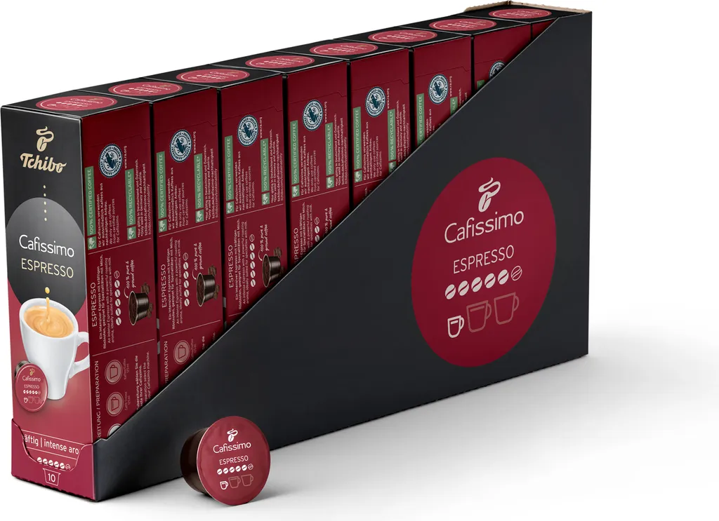 Tchibo Cafissimo Espresso Strong Coffee Capsules Storage Box, 80 Capsules – 8 x 10 Capsules (Espresso, intense with strong roasted aromas), sustainable & fairly traded…