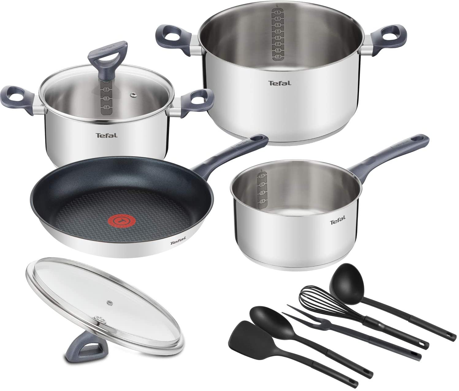 Tefal DAILY COOK Cookware Set G713SB 11 Pieces (Saucepan 16 cm, Cooking Pots 20/24 cm with Lids, Frying Pan 28 cm, Whisk, Ladle, Spoon, Spatula, Meat Fork All Cooker Types