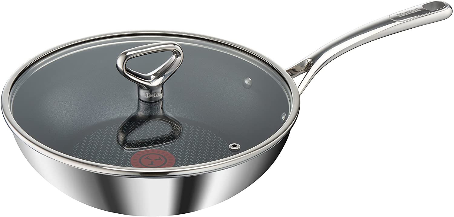 Tefal E4752044 Reserve Collection Rapsodie, Induction Wok Frying Pan For All Stove Types 28 cm with Lid Stainless Steel Grey