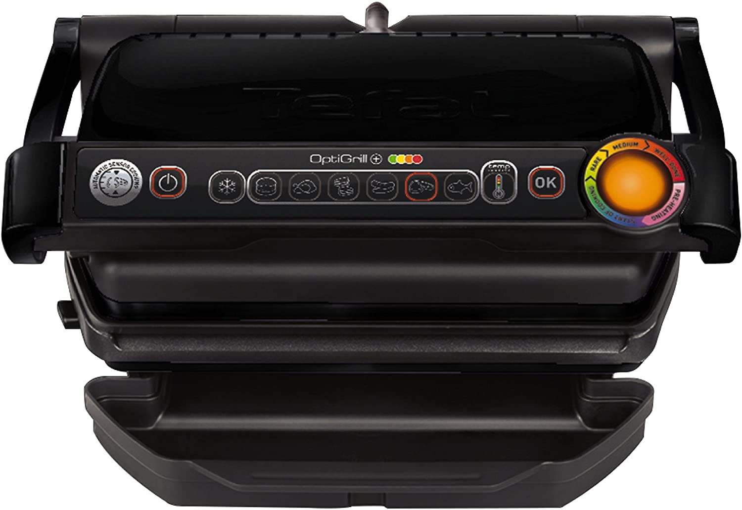 Tefal OptiGrill XL GC722D contact grill (with XL grill surface, plus model with additional temperature settings, 2,000 watts, automatic display of the cooking state, 9 pre-set programs) black / silver