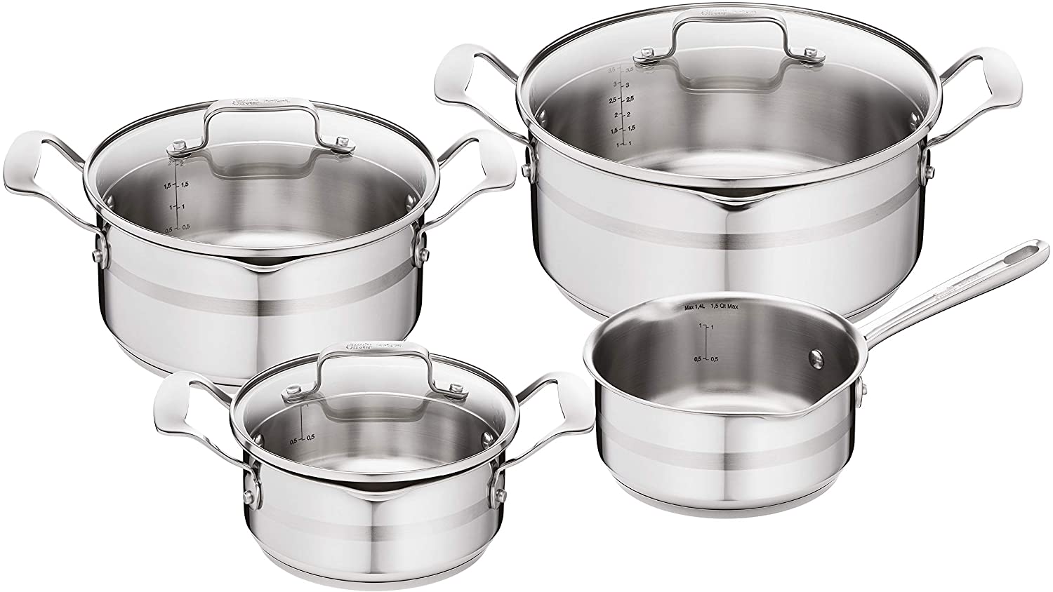 Tefal E891S7 Jamie Oliver Brushed 7-Piece Set of 3 Saucepans with Lids (16 cm, 20 cm, 24 cm) and Saucepan (16 cm), Stainless Steel