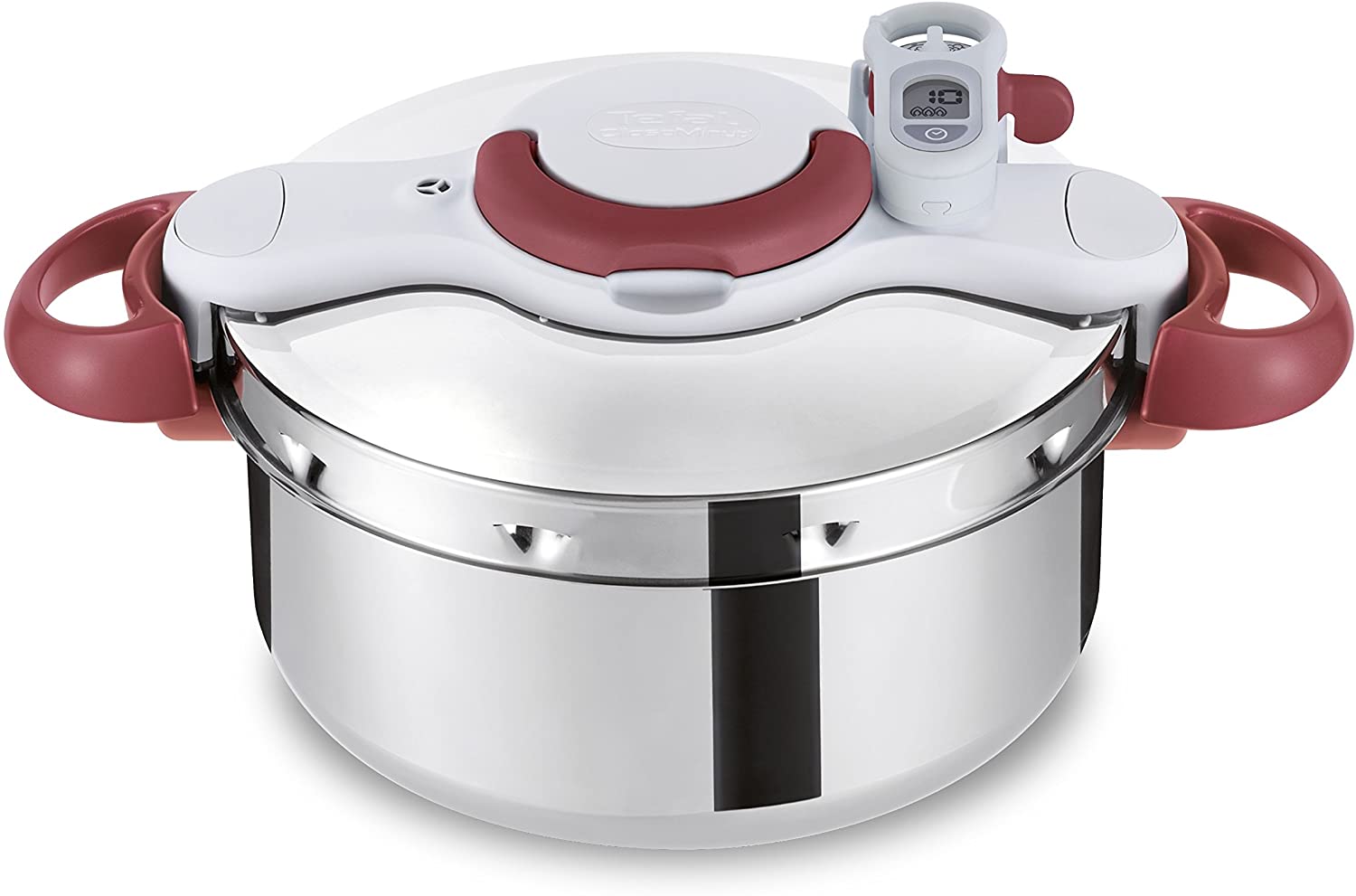 Tefal P46207 | Clipso Minut\' Perfect Pressure Cooker | with Barbecue Basket and Timer | 6 Litres | Stainless Steel / White / Red