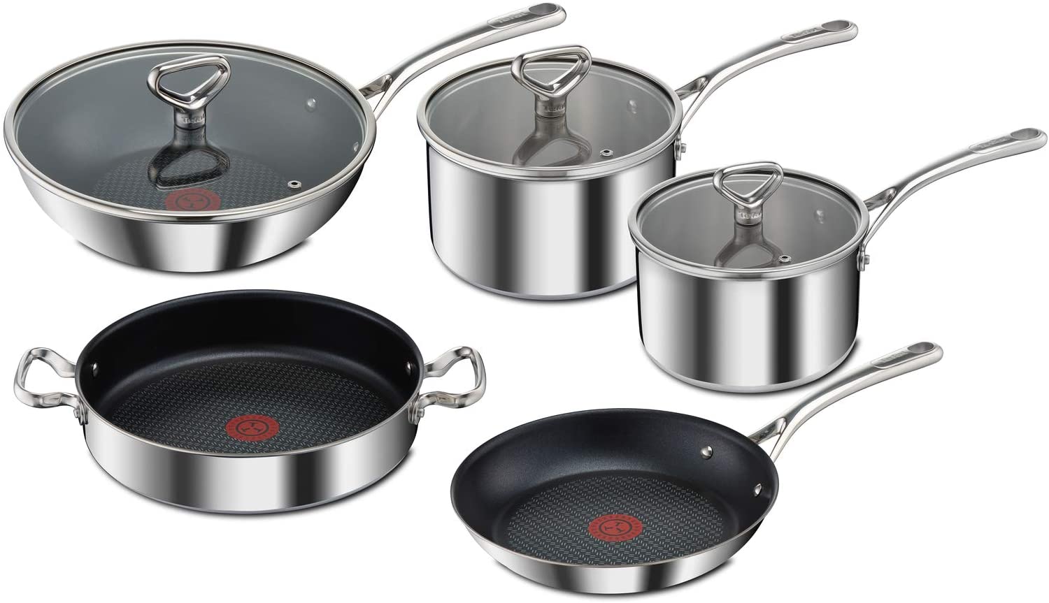 Tefal Reserve Collection E475S544 Tri-Ply Induction Saucepan with 2 Handles 28 cm with Glass Lid + Frying Pan 26 cm Saucepans 18/20 cm with Glass Lid + Wok Pan 28 cm