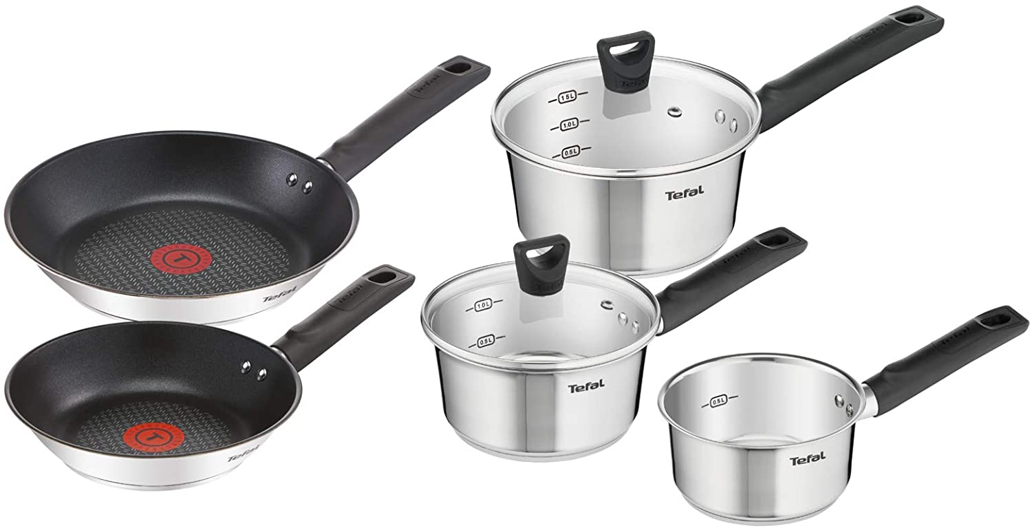 Tefal Simpleo B906S544 5-Piece Stainless Steel Saucepan Set, 14 cm Milk Pan, 16 cm / 18 cm Saucepan with Lid, 20 cm / 24 cm Frying Pans