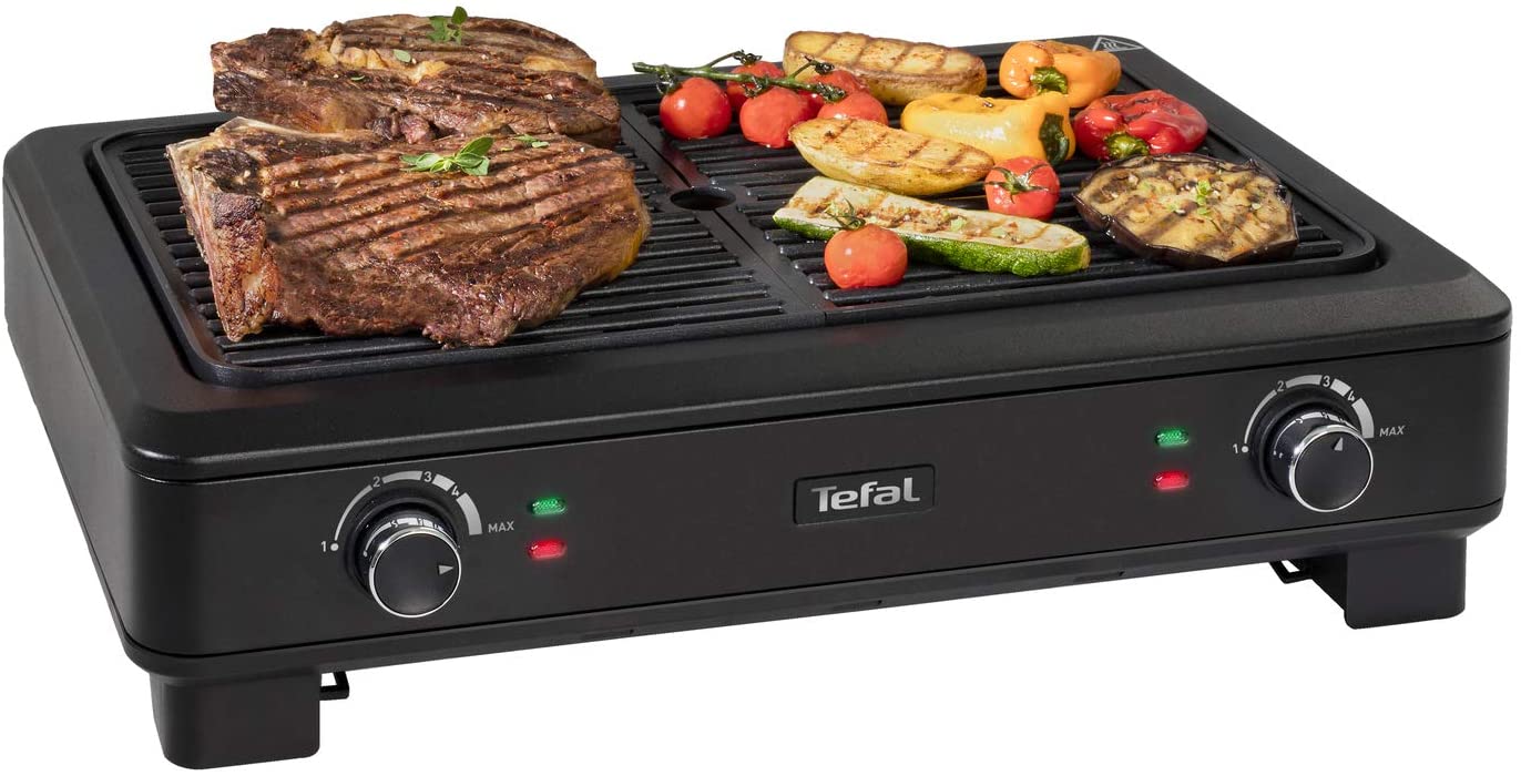 Tefal Smoke Less TG9008 Electric Indoor BBQ Table Grill Low Smoke and Odour Build Up 2 Independent Grill Surfaces Thermostats with 5 Settings Easy Cleaning 2000W