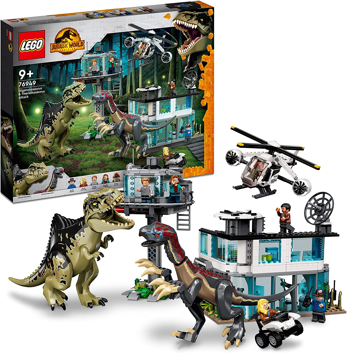LEGO 76949 Jurassic World Giganotosaurus & Therizinosaurus Attack Set with Toy Helicopter, Garage, Car and 2 Dinosaur Figures