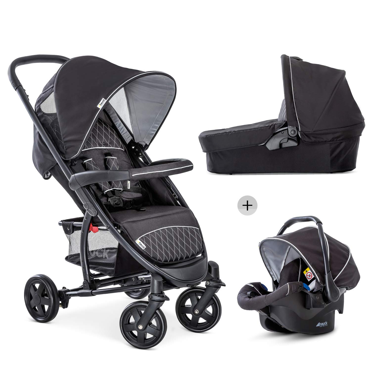 Hauck Hauck Malibu 4 trio set 3-in-1 combi pram, up to 18 kg baby seat sports buggy with lying position, from birth, light, small, foldable Black/silver
