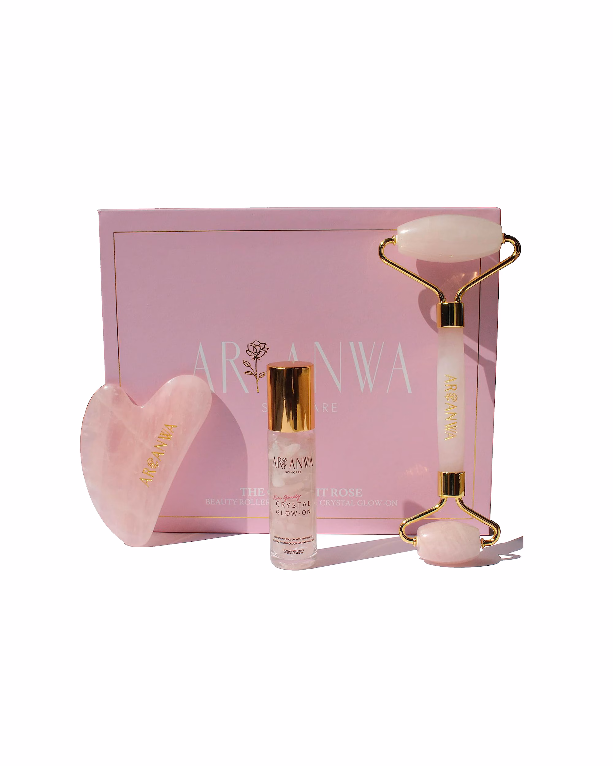 The Glow Kit Rose - Gua Sha, Rosenqurz Roller & & Roll On Set Facial Massager