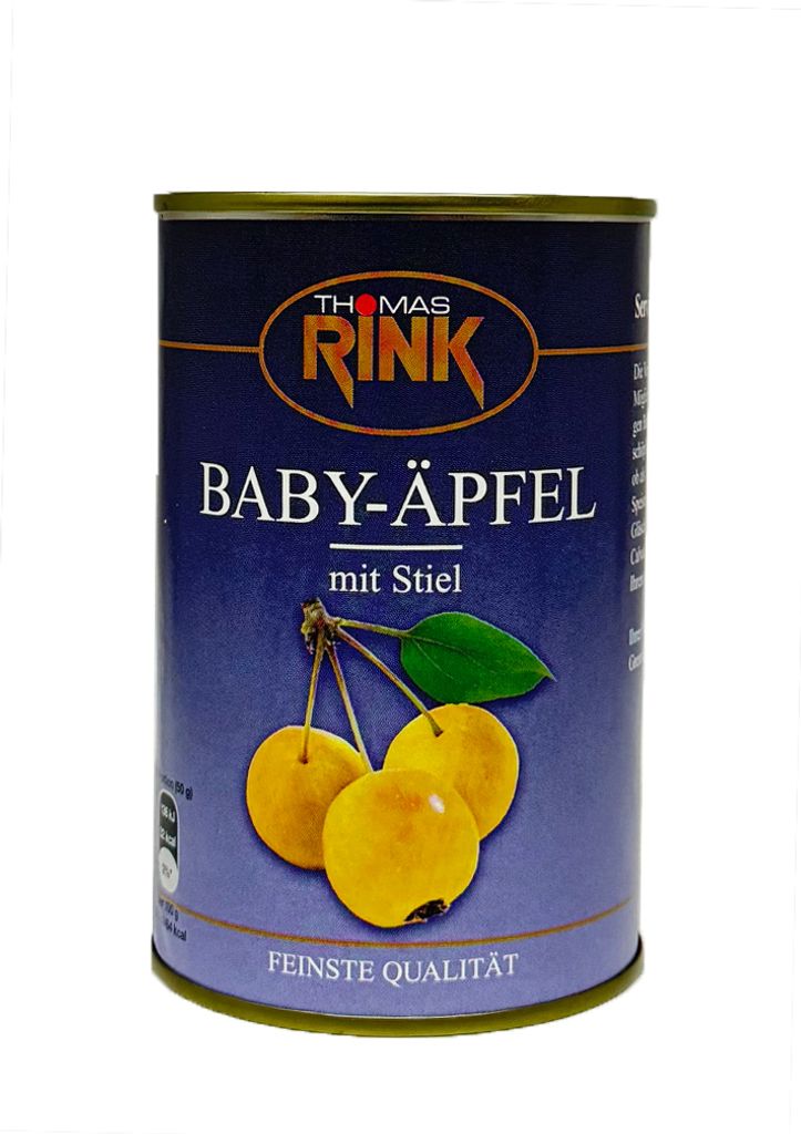 Thomas Rink Baby Apples Cherry Apples, lightly sugared, with stem in a 425g can