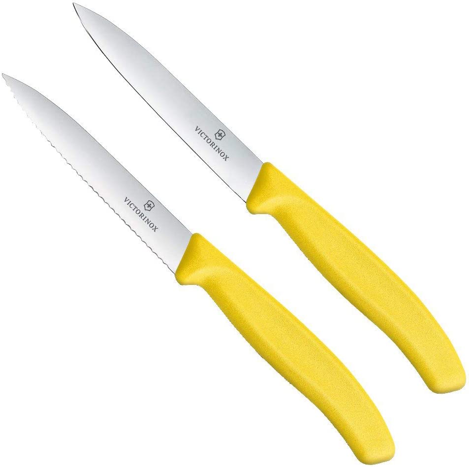 Victorinox Swiss Classic 2-Piece Vegetable Knife Set, 1 x Normal Cut, 1 x Serrated Edge, 10 cm Blade, Middle Point, Yellow