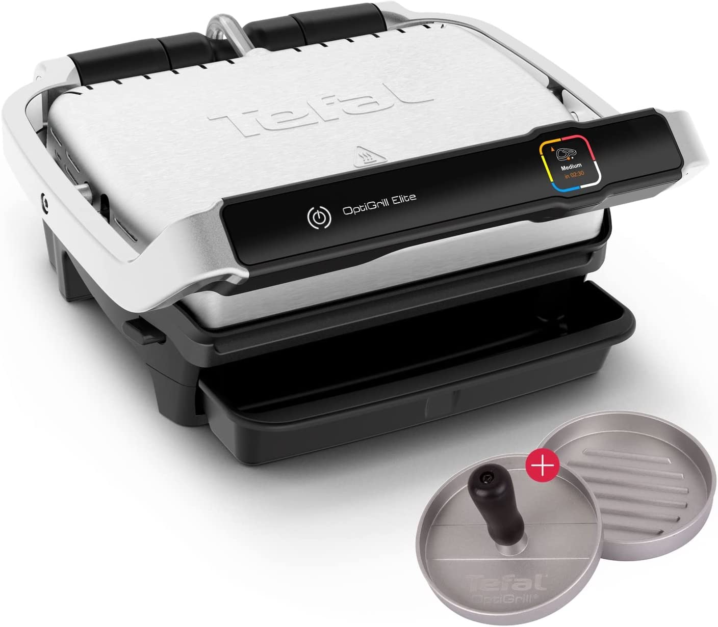 Tefal Optigrill Elite Contact Grill with Grill Boost Function 2000 W + W875 Hamburger Press Indoor Electric Grill 12 Automatic Programmes Intuitive Sensor Touch Display Stainless Steel Powerful