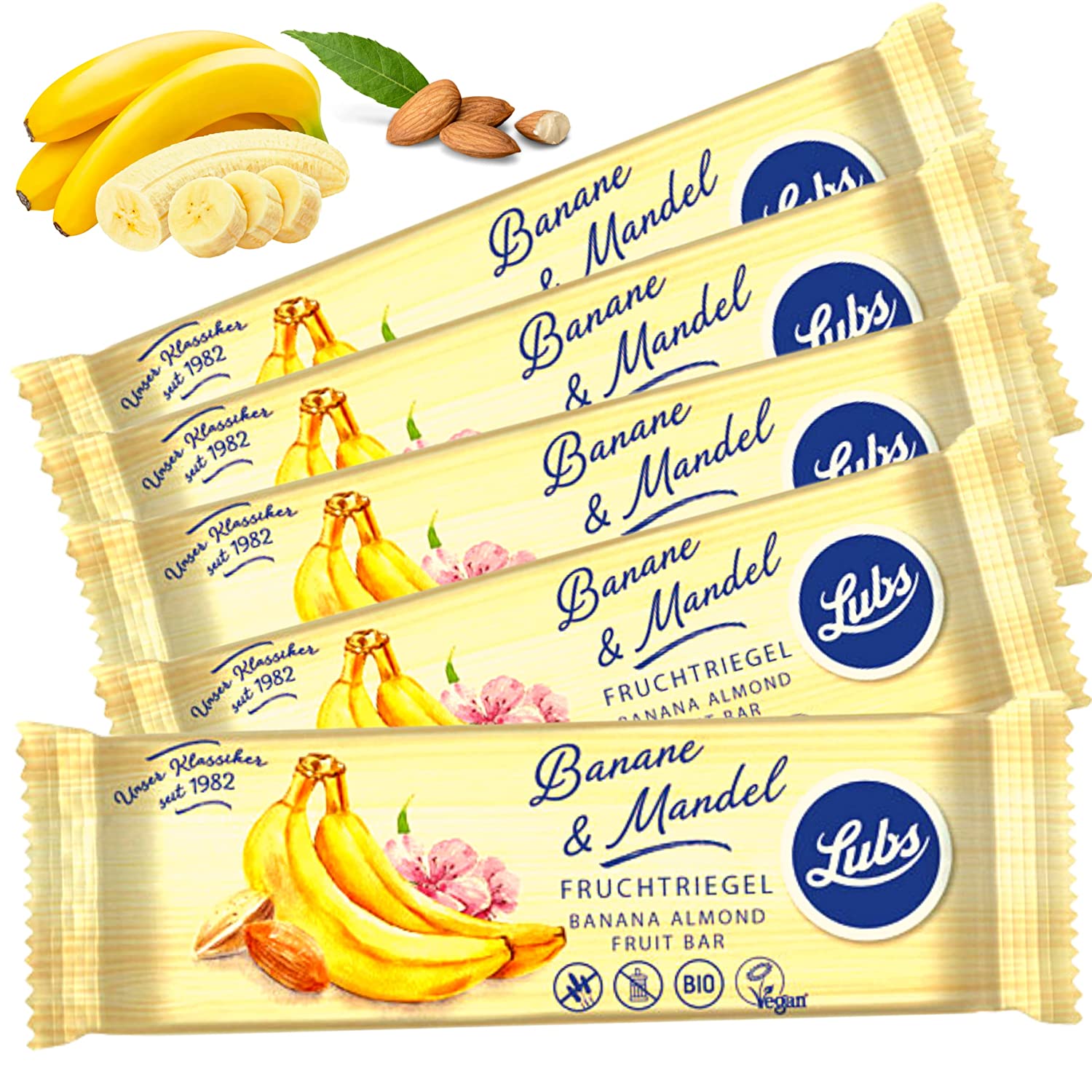 Probier Bag - 5x Lubs Bio Fruchtriegel| Bio & Vegan Riegel| Fruchtriegel für Kinder| aus kontrolliert Biologischen Anbau| 14 Leckere Sorten (Banane&Mandel)